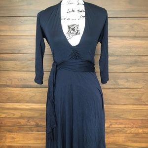 Deep V Neck Backless Long Sleeve Navy Dress